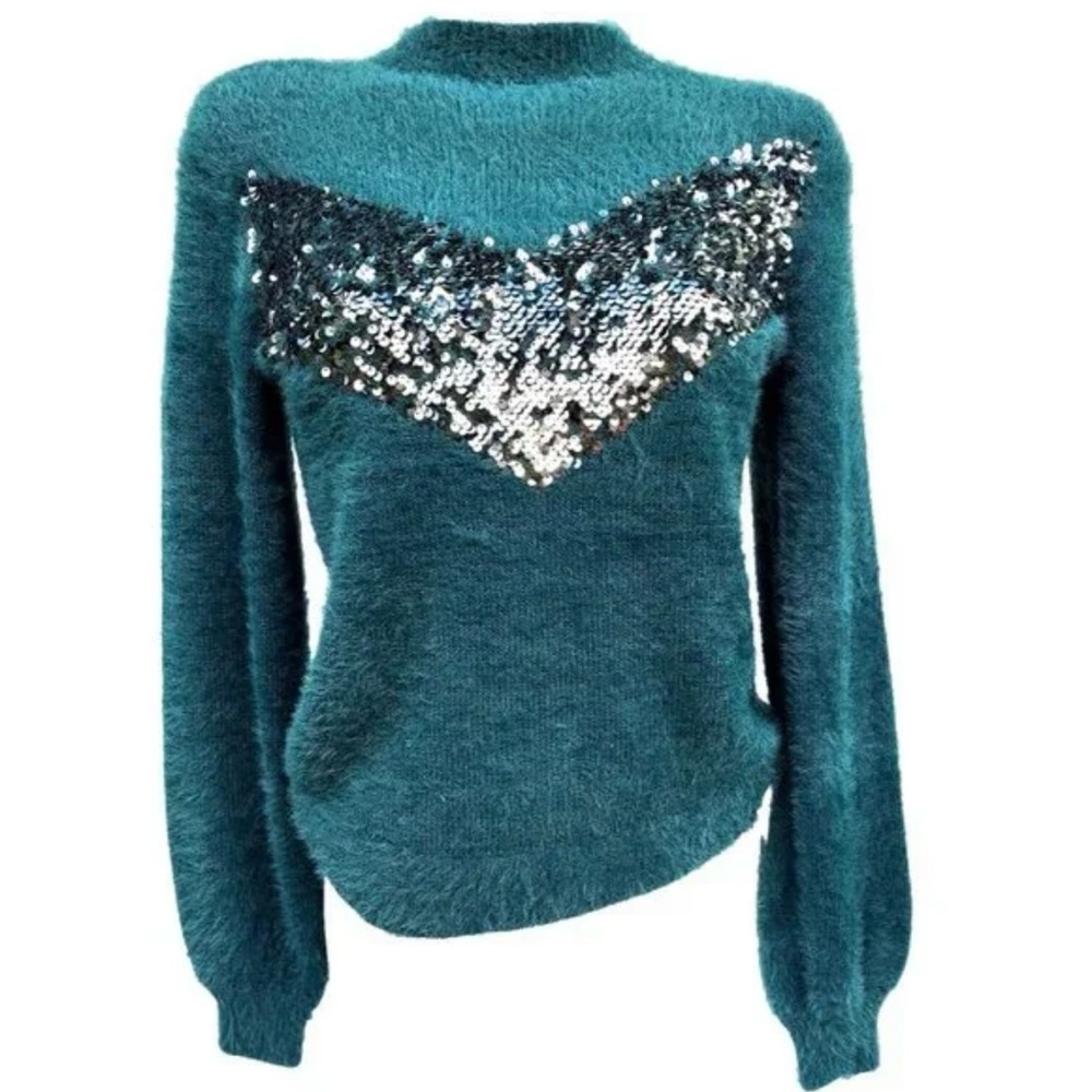 Teal Sweater with Silver Sequin Detail